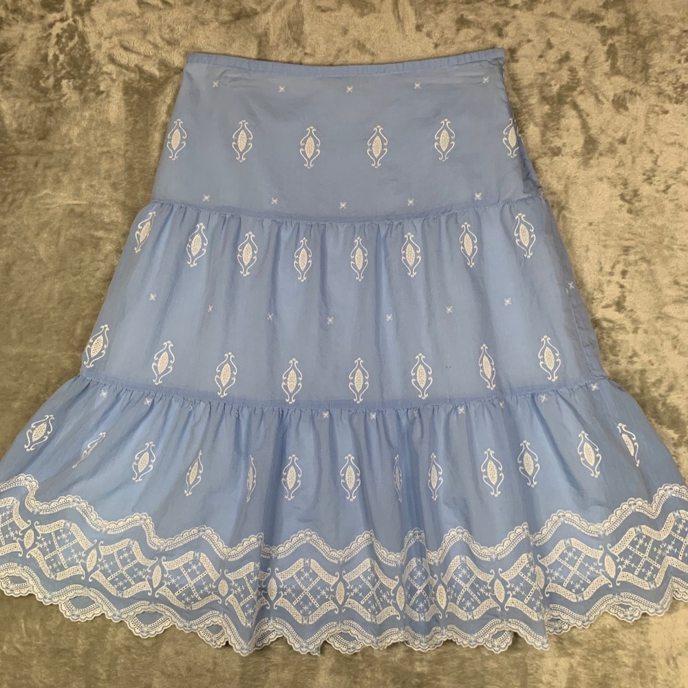 VTG Tibi Embroidered Tiered Skirt Midi Scalloped Eyelet Size 4 Blue Cottagecore